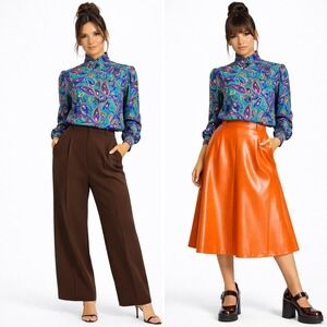 Vtg 80s Lady Manhattan Paisley Blouse Size 12 Teal Purple Secretary Grandmacore